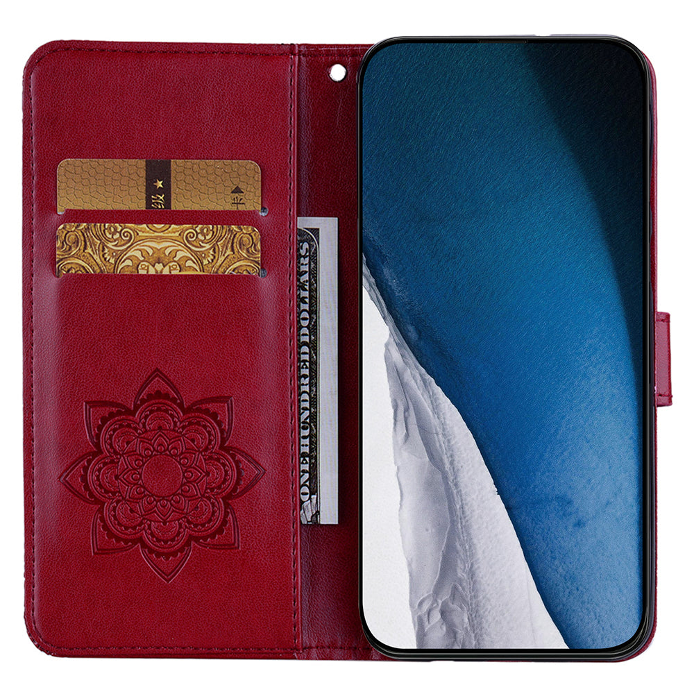 For Samsung Galaxy A06 Wallet Case Owl Flower Imprinted Rhinestone Leather Cover - Red