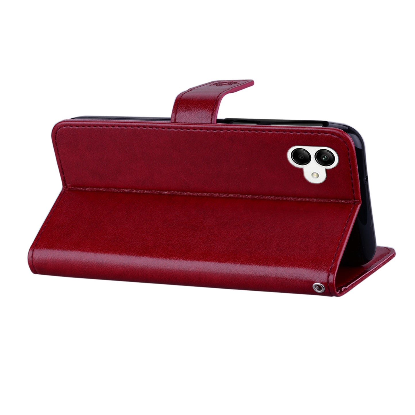 For Samsung Galaxy A06 Wallet Case Owl Flower Imprinted Rhinestone Leather Cover - Red