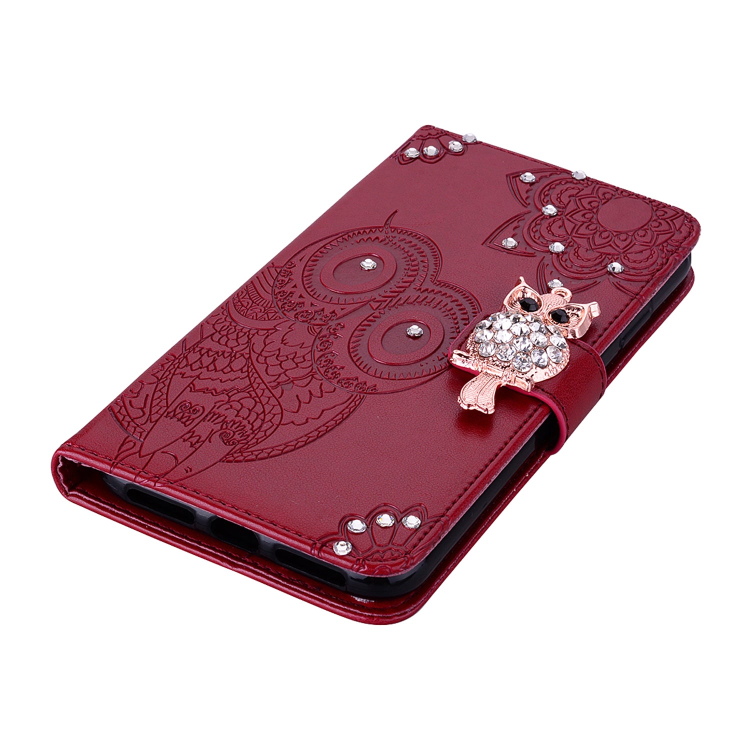 For Samsung Galaxy A06 Wallet Case Owl Flower Imprinted Rhinestone Leather Cover - Red