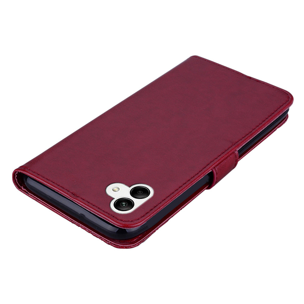 For Samsung Galaxy A06 Wallet Case Owl Flower Imprinted Rhinestone Leather Cover - Red