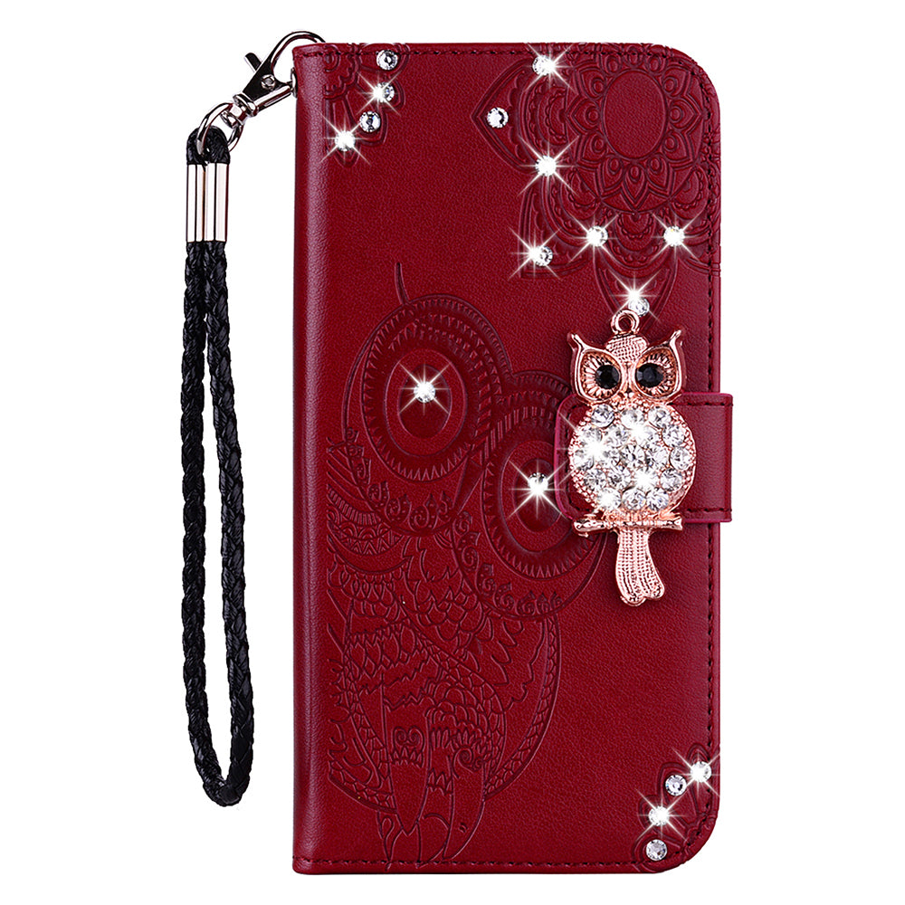 For Samsung Galaxy A06 Wallet Case Owl Flower Imprinted Rhinestone Leather Cover - Red