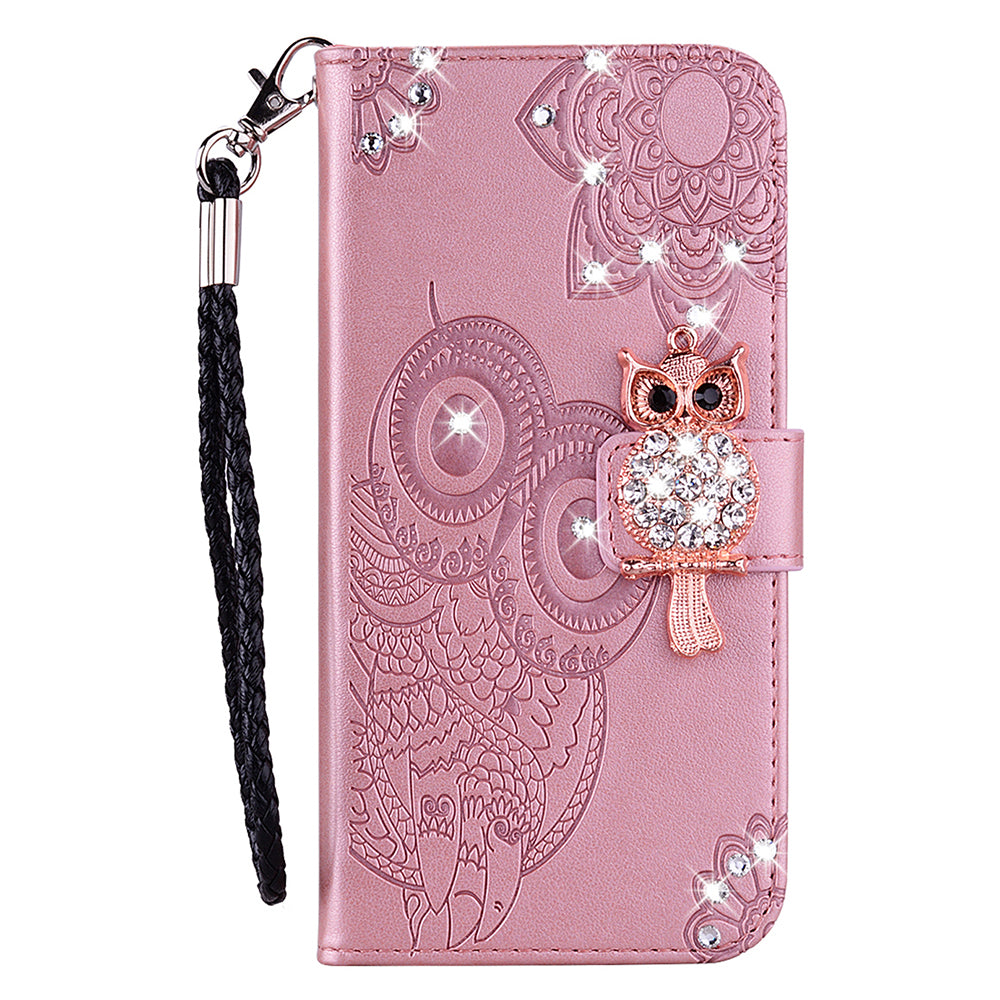 For Samsung Galaxy A06 Wallet Case Owl Flower Imprinted Rhinestone Leather Cover - Rose Gold