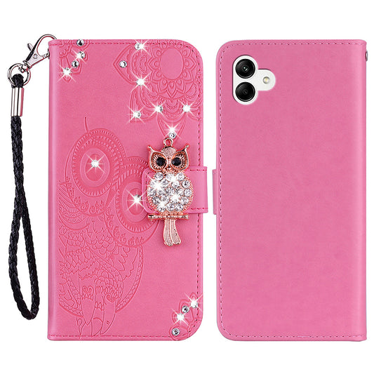For Samsung Galaxy A06 Wallet Case Owl Flower Imprinted Rhinestone Leather Cover - Rose