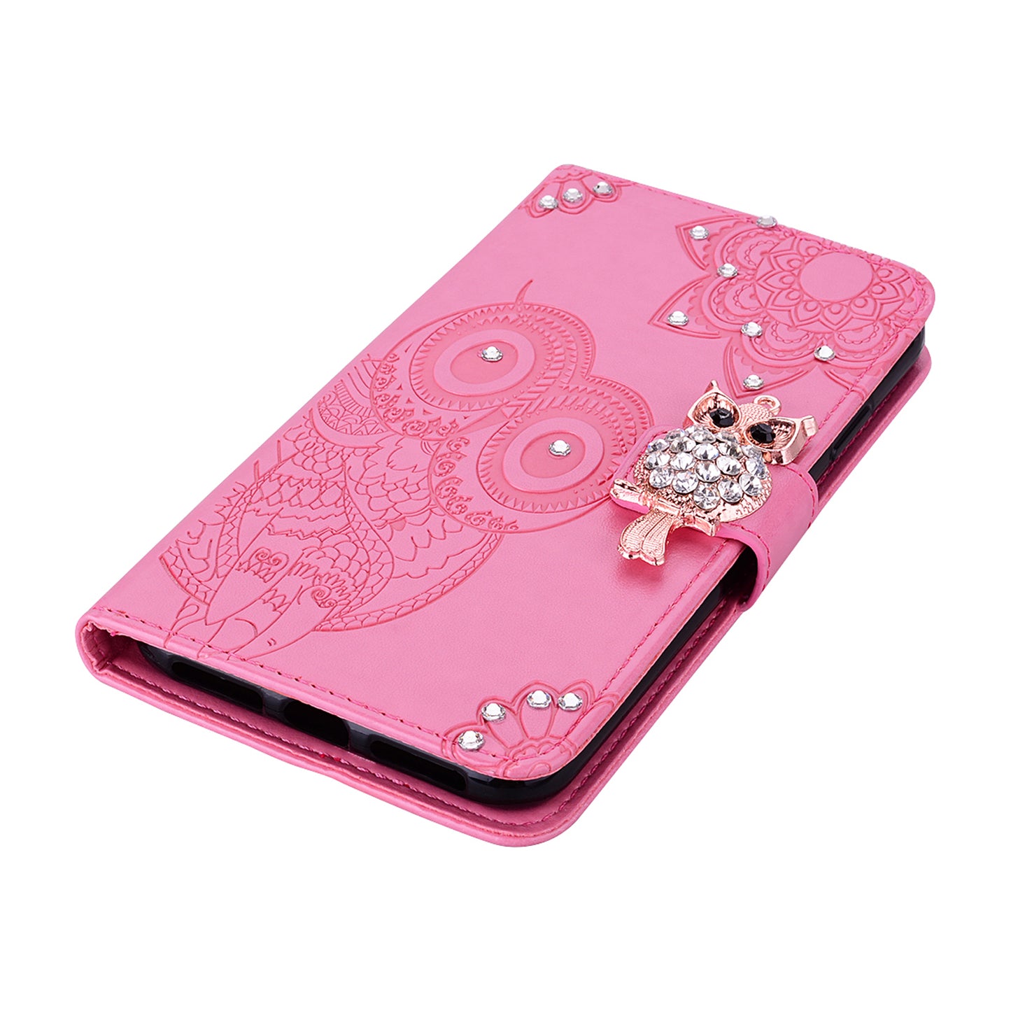 For Samsung Galaxy A06 Wallet Case Owl Flower Imprinted Rhinestone Leather Cover - Rose