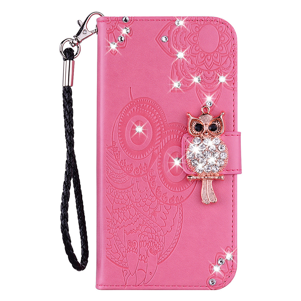For Samsung Galaxy A06 Wallet Case Owl Flower Imprinted Rhinestone Leather Cover - Rose