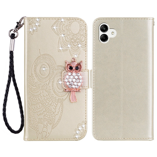 For Samsung Galaxy A06 Wallet Case Owl Flower Imprinted Rhinestone Leather Cover - Gold