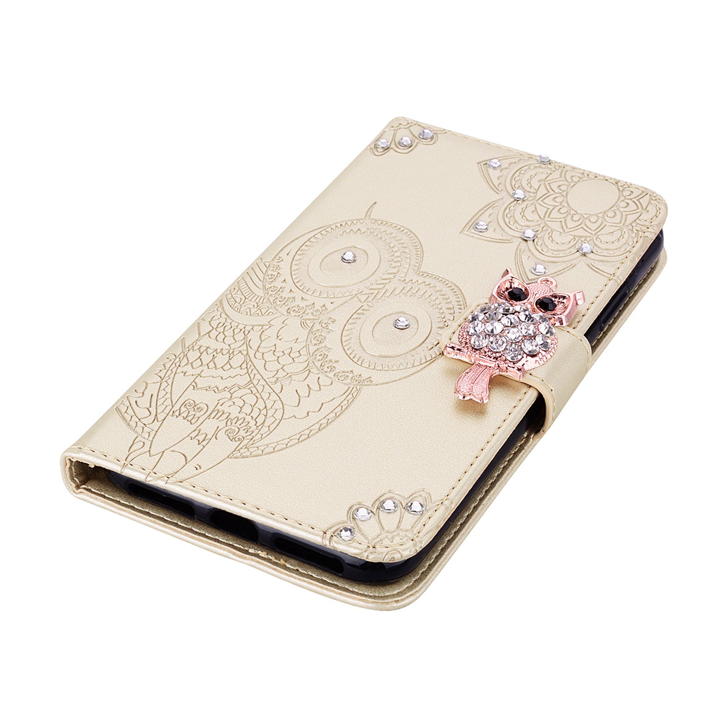 For Samsung Galaxy A06 Wallet Case Owl Flower Imprinted Rhinestone Leather Cover - Gold