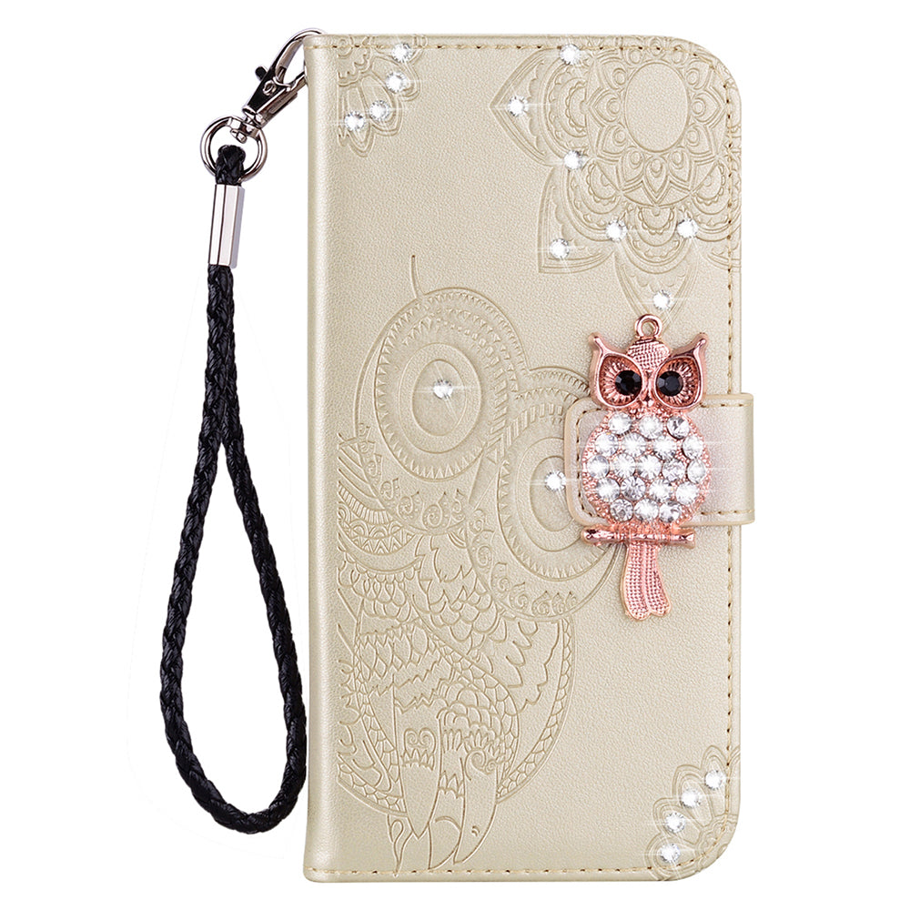 For Samsung Galaxy A06 Wallet Case Owl Flower Imprinted Rhinestone Leather Cover - Gold
