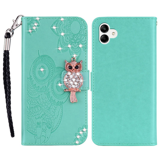 For Samsung Galaxy A06 Wallet Case Owl Flower Imprinted Rhinestone Leather Cover - Cyan