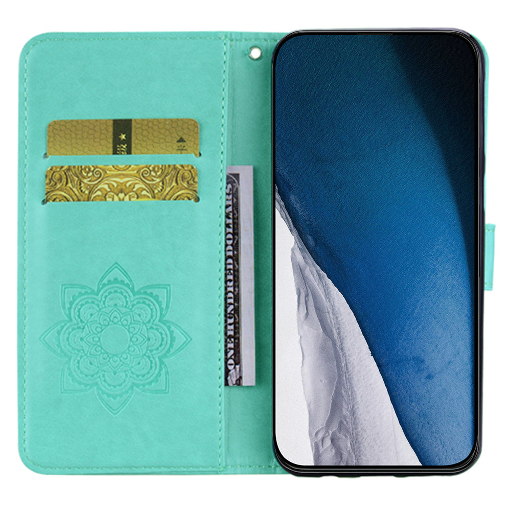 For Samsung Galaxy A06 Wallet Case Owl Flower Imprinted Rhinestone Leather Cover - Cyan
