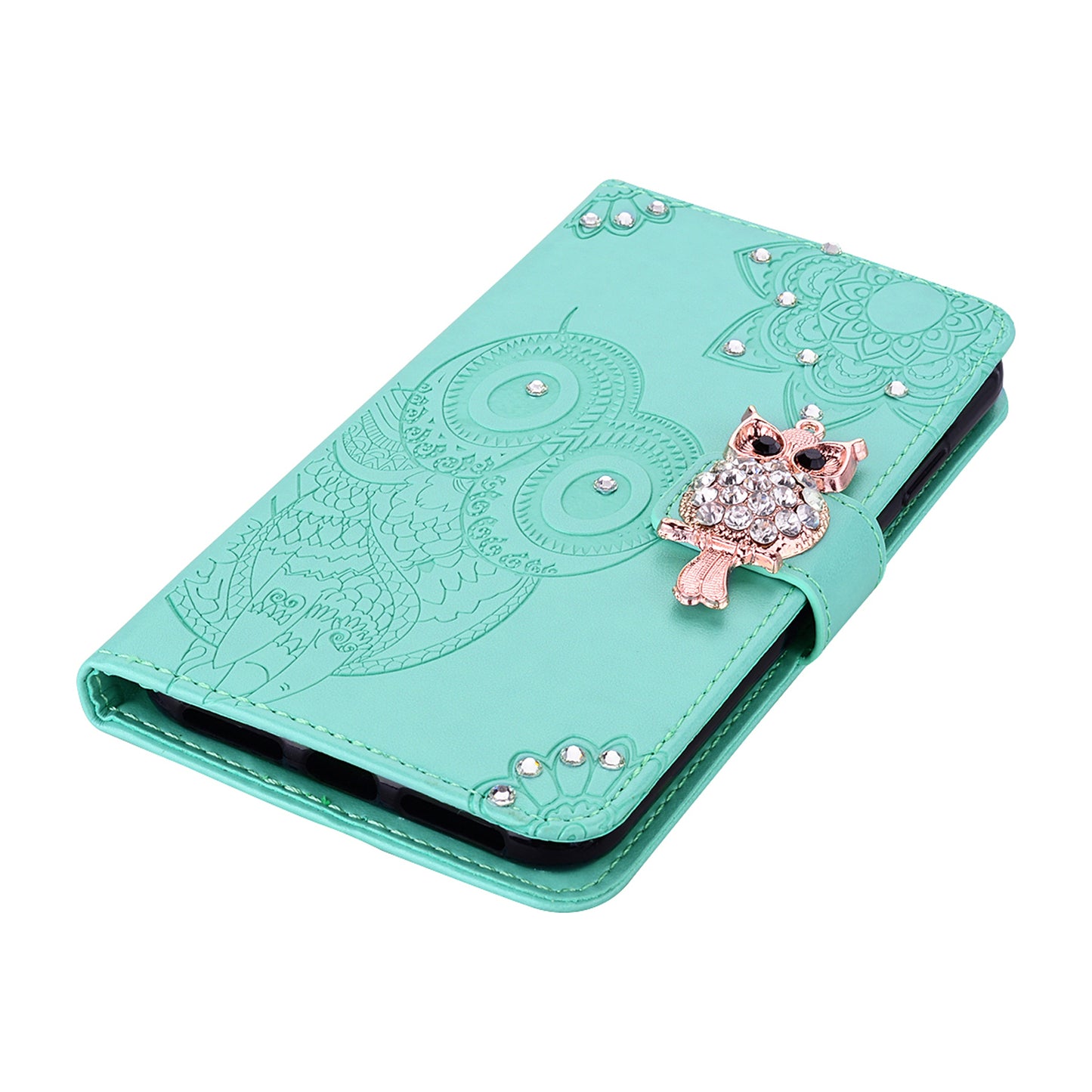 For Samsung Galaxy A06 Wallet Case Owl Flower Imprinted Rhinestone Leather Cover - Cyan