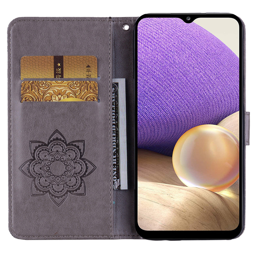 For Samsung Galaxy A16 5G  /  4G Case Owl Flower Imprinted Leather Cover Wallet with Strap - Grey