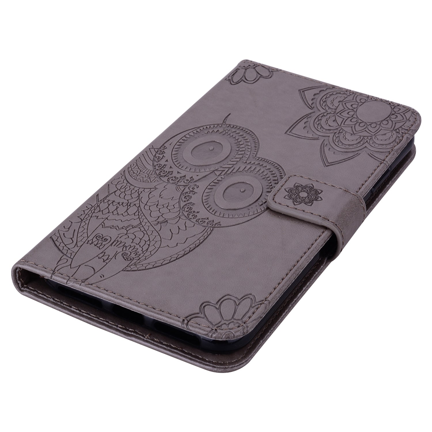 For Samsung Galaxy A16 5G  /  4G Case Owl Flower Imprinted Leather Cover Wallet with Strap - Grey