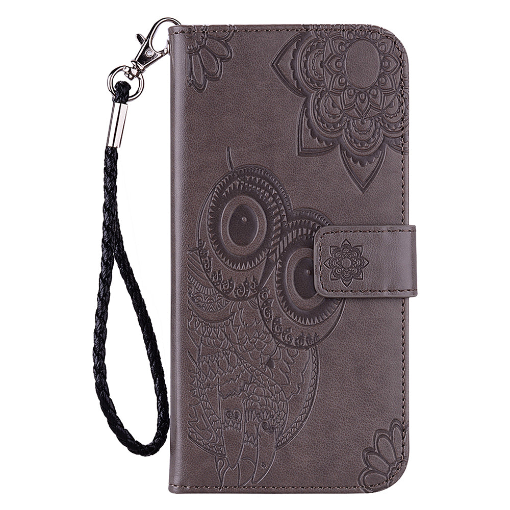 For Samsung Galaxy A16 5G  /  4G Case Owl Flower Imprinted Leather Cover Wallet with Strap - Grey