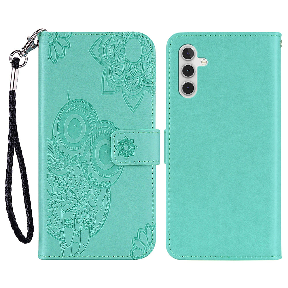 For Samsung Galaxy A16 5G  /  4G Case Owl Flower Imprinted Leather Cover Wallet with Strap - Cyan