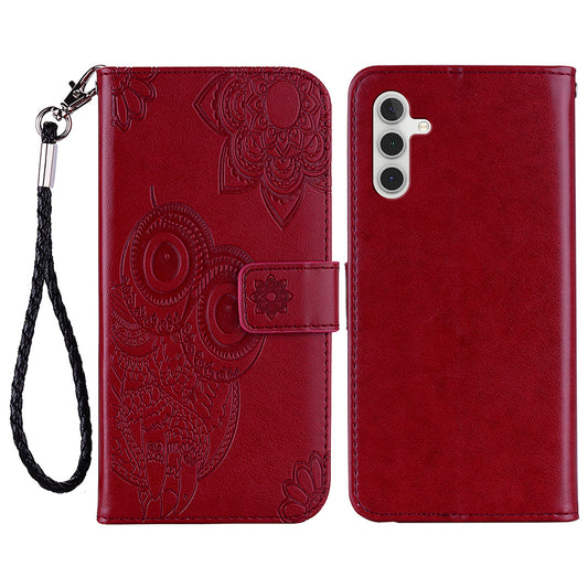 For Samsung Galaxy A16 5G  /  4G Case Owl Flower Imprinted Leather Cover Wallet with Strap - Red