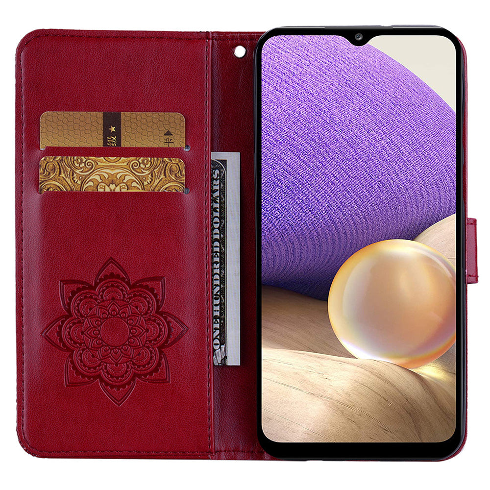 For Samsung Galaxy A16 5G  /  4G Case Owl Flower Imprinted Leather Cover Wallet with Strap - Red