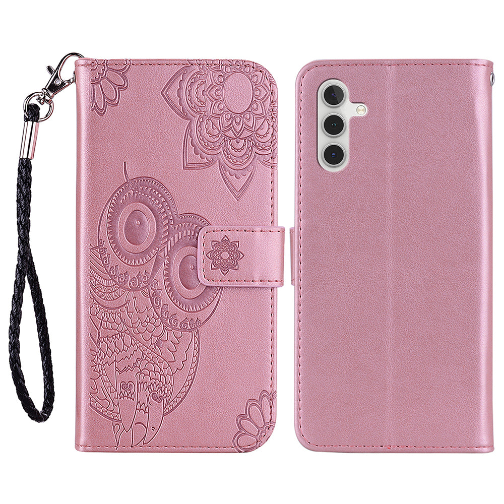 For Samsung Galaxy A16 5G  /  4G Case Owl Flower Imprinted Leather Cover Wallet with Strap - Rose Gold