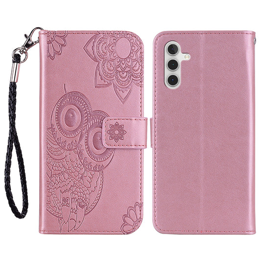 For Samsung Galaxy A16 5G  /  4G Case Owl Flower Imprinted Leather Cover Wallet with Strap - Rose Gold