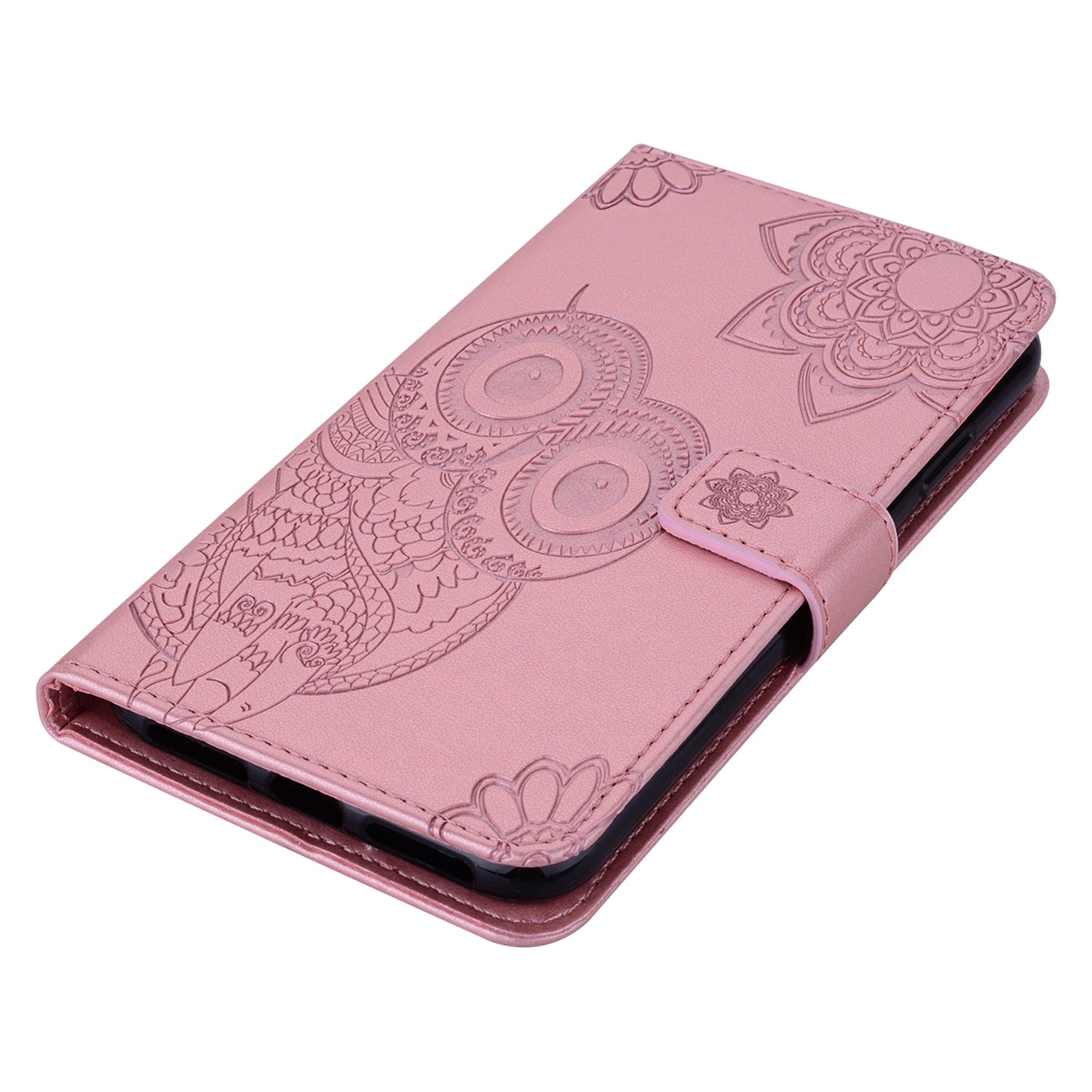 For Samsung Galaxy A16 5G  /  4G Case Owl Flower Imprinted Leather Cover Wallet with Strap - Rose Gold