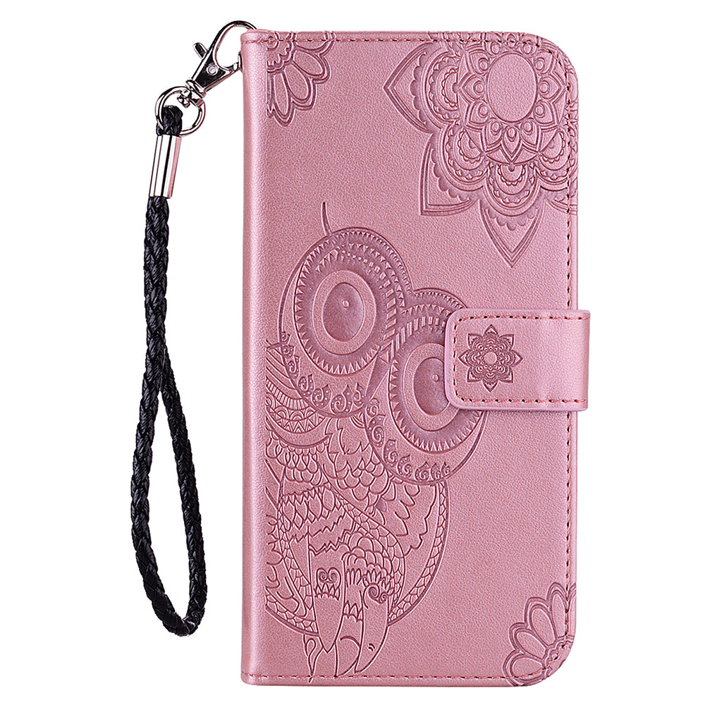 For Samsung Galaxy A16 5G  /  4G Case Owl Flower Imprinted Leather Cover Wallet with Strap - Rose Gold