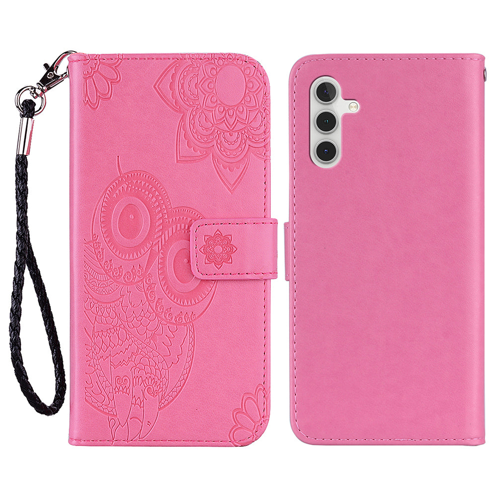 For Samsung Galaxy A16 5G  /  4G Case Owl Flower Imprinted Leather Cover Wallet with Strap - Rose