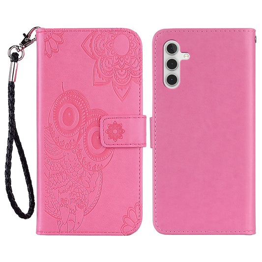 For Samsung Galaxy A16 5G  /  4G Case Owl Flower Imprinted Leather Cover Wallet with Strap - Rose