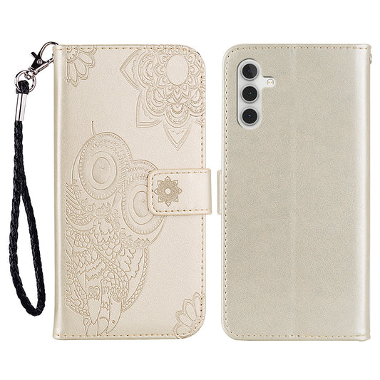 For Samsung Galaxy A16 5G  /  4G Case Owl Flower Imprinted Leather Cover Wallet with Strap - Gold