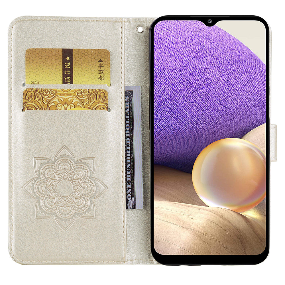 For Samsung Galaxy A16 5G  /  4G Case Owl Flower Imprinted Leather Cover Wallet with Strap - Gold