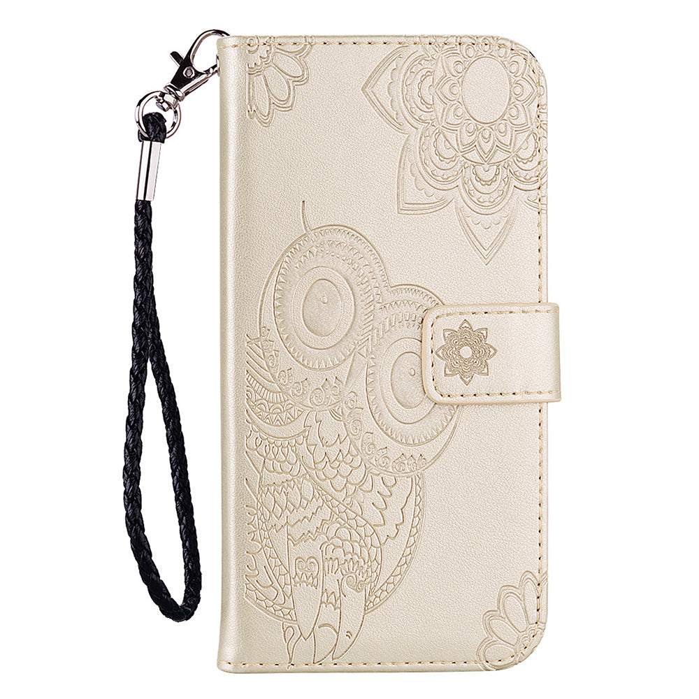 For Samsung Galaxy A16 5G  /  4G Case Owl Flower Imprinted Leather Cover Wallet with Strap - Gold