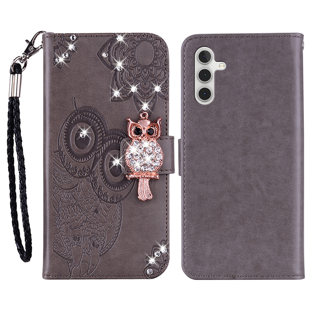 For Samsung Galaxy A16 5G  /  4G Wallet Case Owl Flower Imprinted Rhinestone Leather Cover - Grey
