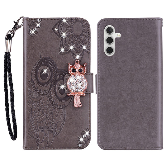 For Samsung Galaxy A16 5G  /  4G Wallet Case Owl Flower Imprinted Rhinestone Leather Cover - Grey