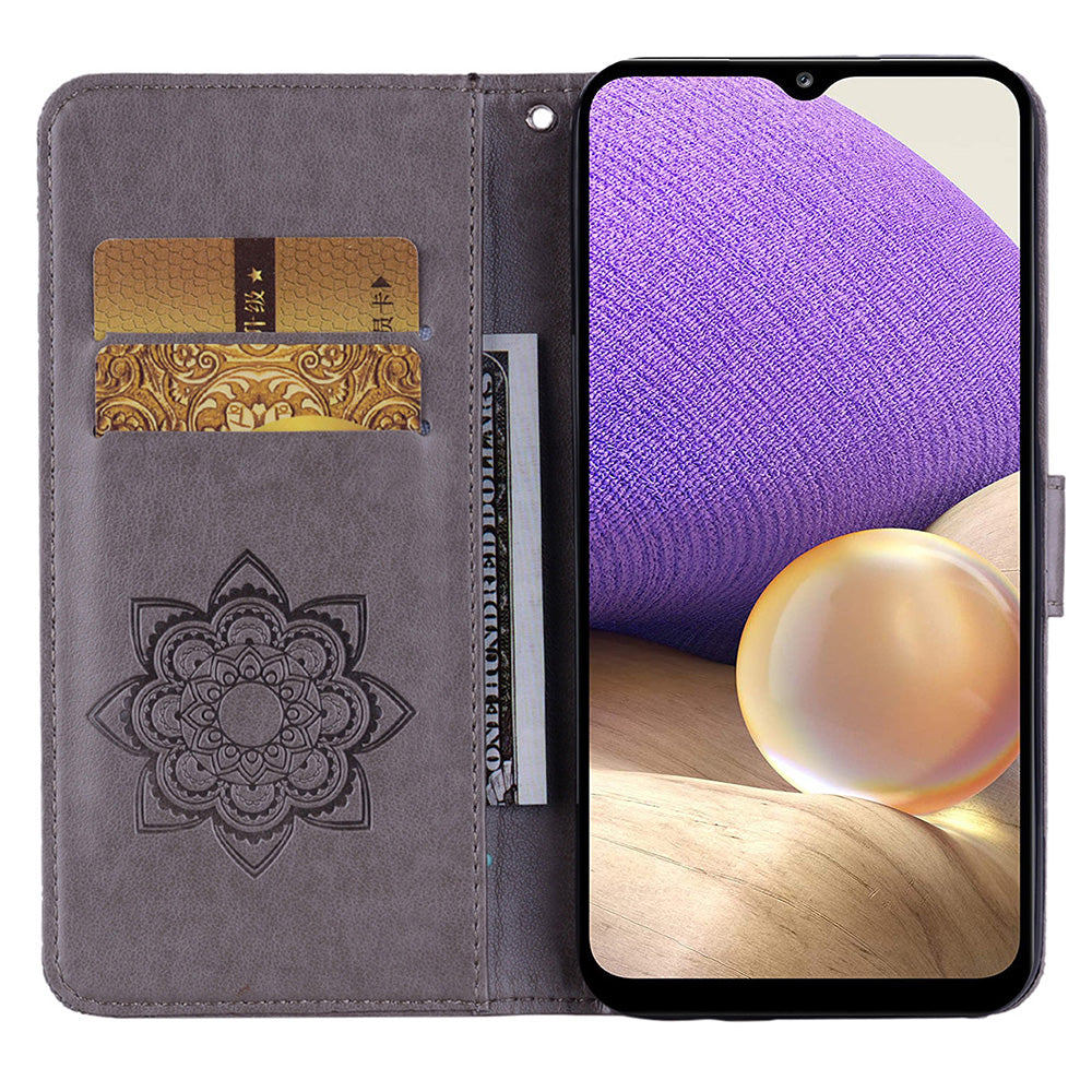 For Samsung Galaxy A16 5G  /  4G Wallet Case Owl Flower Imprinted Rhinestone Leather Cover - Grey