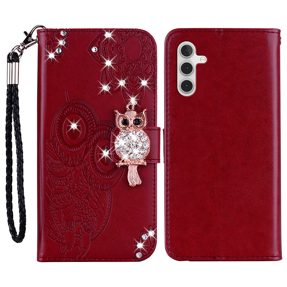 For Samsung Galaxy A16 5G  /  4G Wallet Case Owl Flower Imprinted Rhinestone Leather Cover - Red