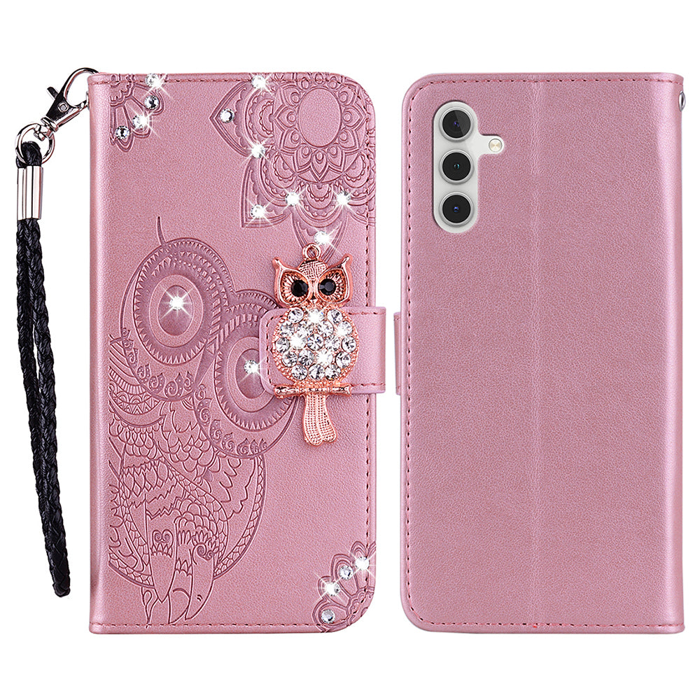 For Samsung Galaxy A16 5G  /  4G Wallet Case Owl Flower Imprinted Rhinestone Leather Cover - Rose Gold