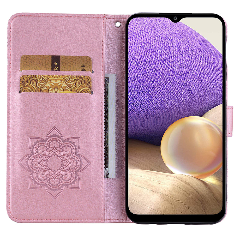 For Samsung Galaxy A16 5G  /  4G Wallet Case Owl Flower Imprinted Rhinestone Leather Cover - Rose Gold