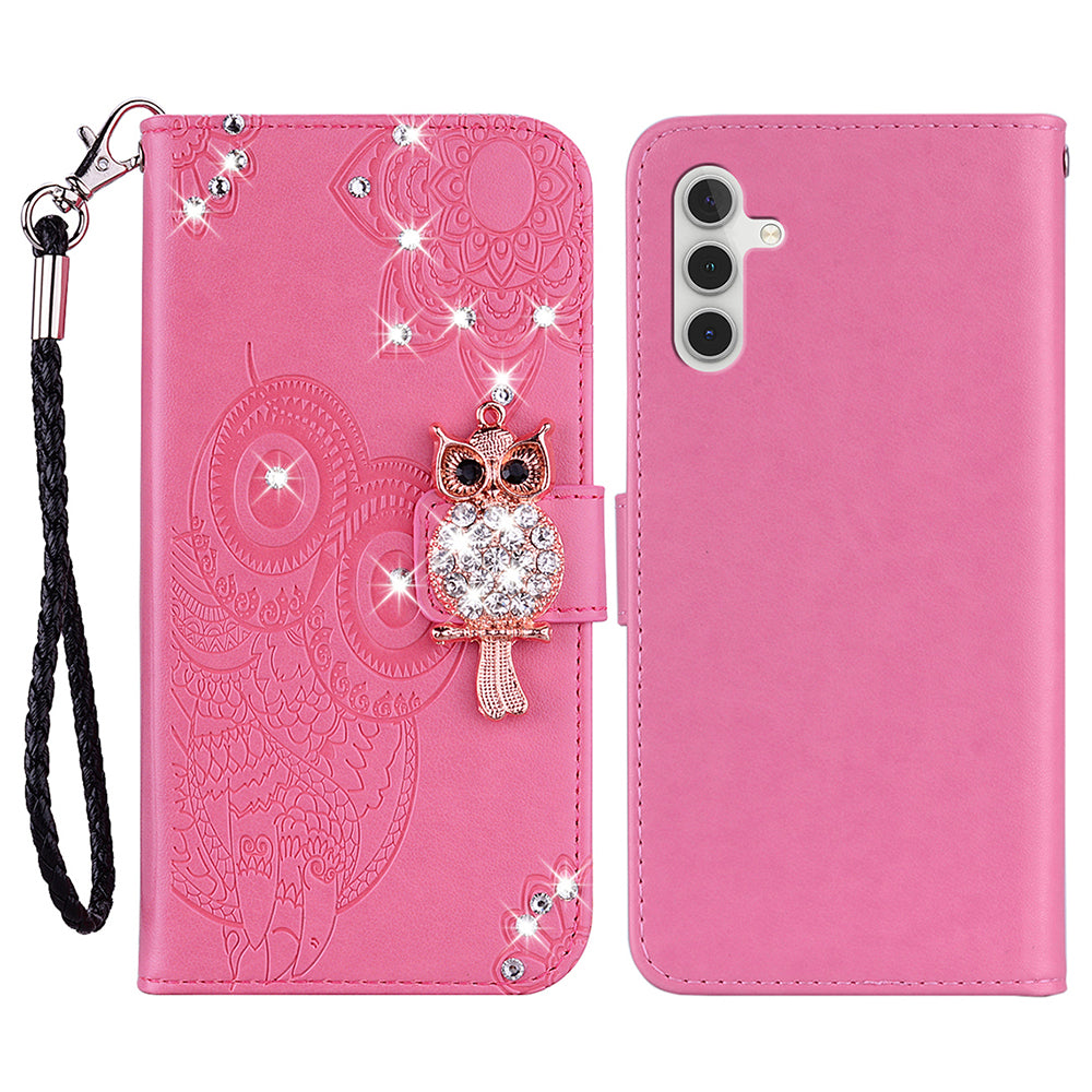 For Samsung Galaxy A16 5G  /  4G Wallet Case Owl Flower Imprinted Rhinestone Leather Cover - Rose