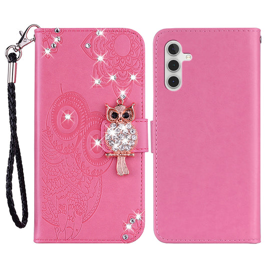 For Samsung Galaxy A16 5G  /  4G Wallet Case Owl Flower Imprinted Rhinestone Leather Cover - Rose