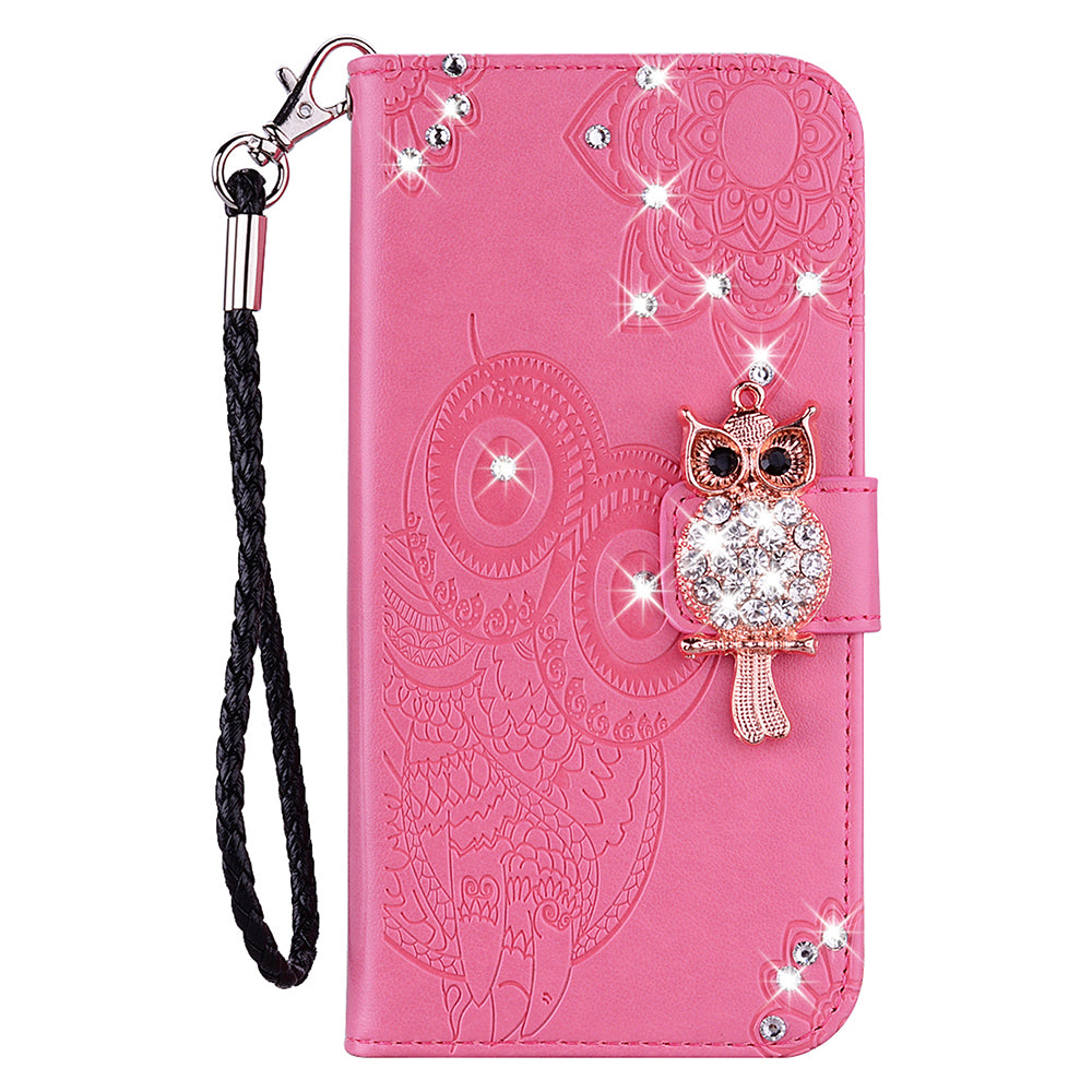 For Samsung Galaxy A16 5G  /  4G Wallet Case Owl Flower Imprinted Rhinestone Leather Cover - Rose