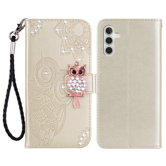 For Samsung Galaxy A16 5G  /  4G Wallet Case Owl Flower Imprinted Rhinestone Leather Cover - Gold