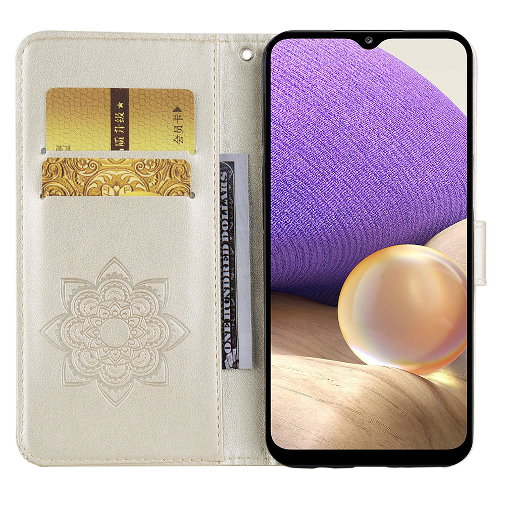 For Samsung Galaxy A16 5G  /  4G Wallet Case Owl Flower Imprinted Rhinestone Leather Cover - Gold