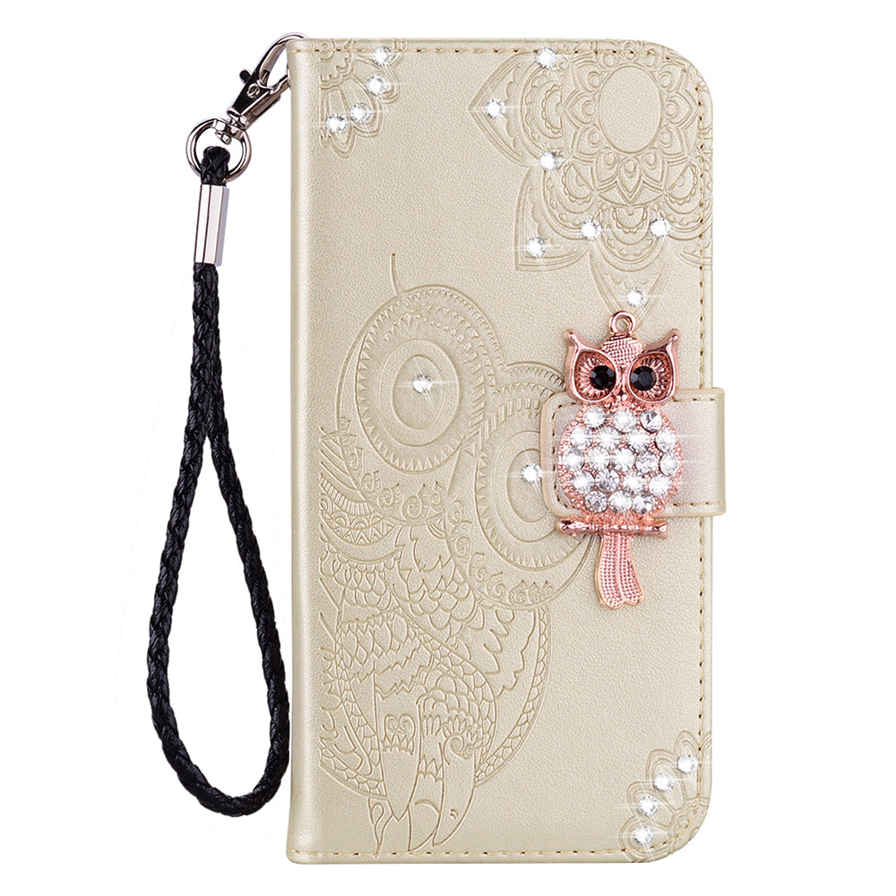 For Samsung Galaxy A16 5G  /  4G Wallet Case Owl Flower Imprinted Rhinestone Leather Cover - Gold