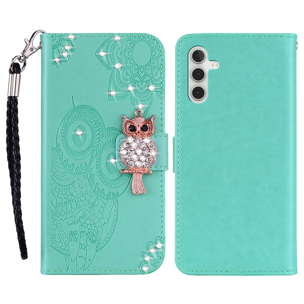 For Samsung Galaxy A16 5G  /  4G Wallet Case Owl Flower Imprinted Rhinestone Leather Cover - Cyan