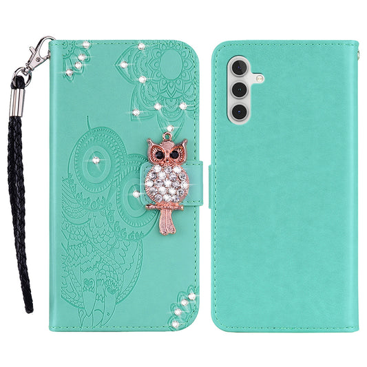 For Samsung Galaxy A16 5G  /  4G Wallet Case Owl Flower Imprinted Rhinestone Leather Cover - Cyan
