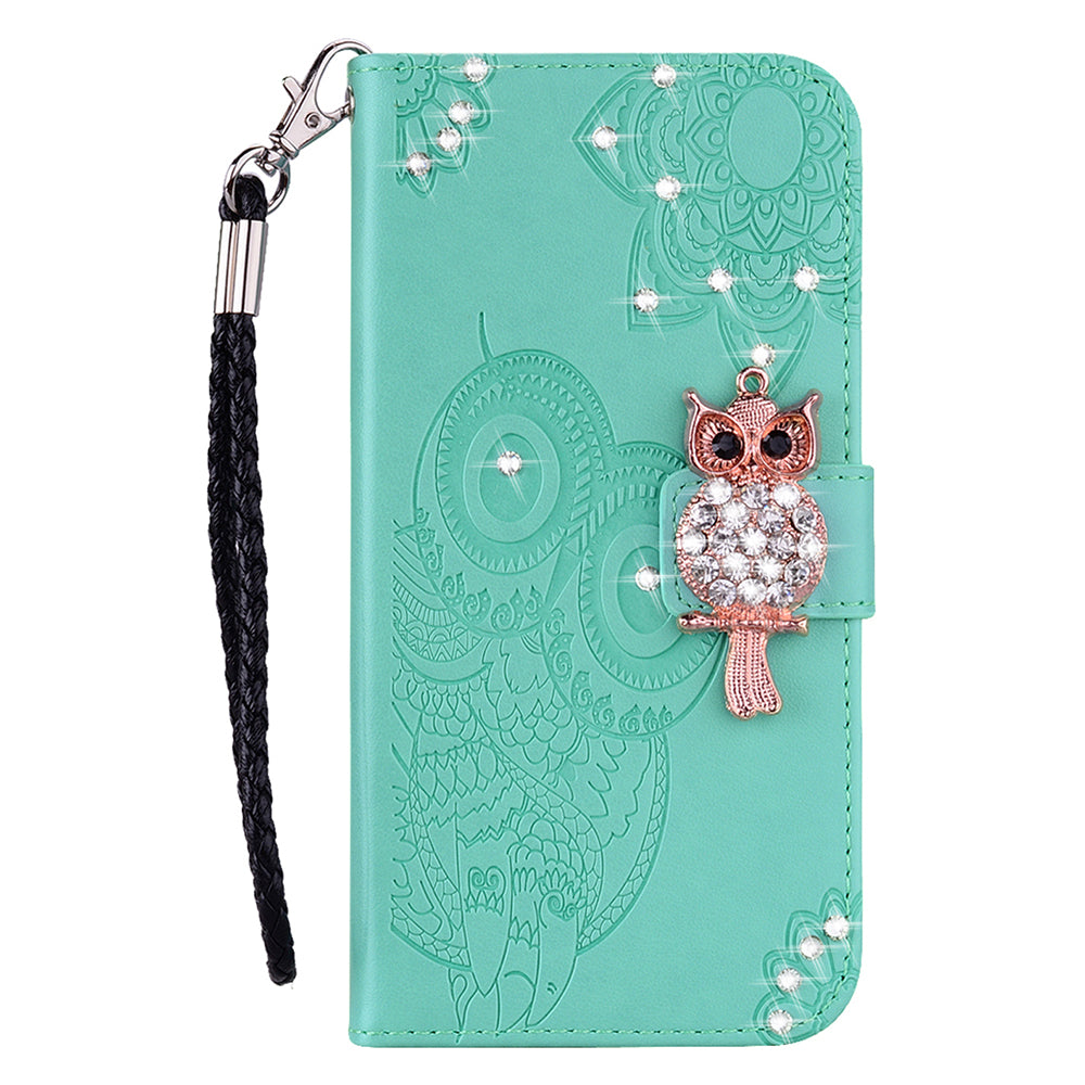 For Samsung Galaxy A16 5G  /  4G Wallet Case Owl Flower Imprinted Rhinestone Leather Cover - Cyan