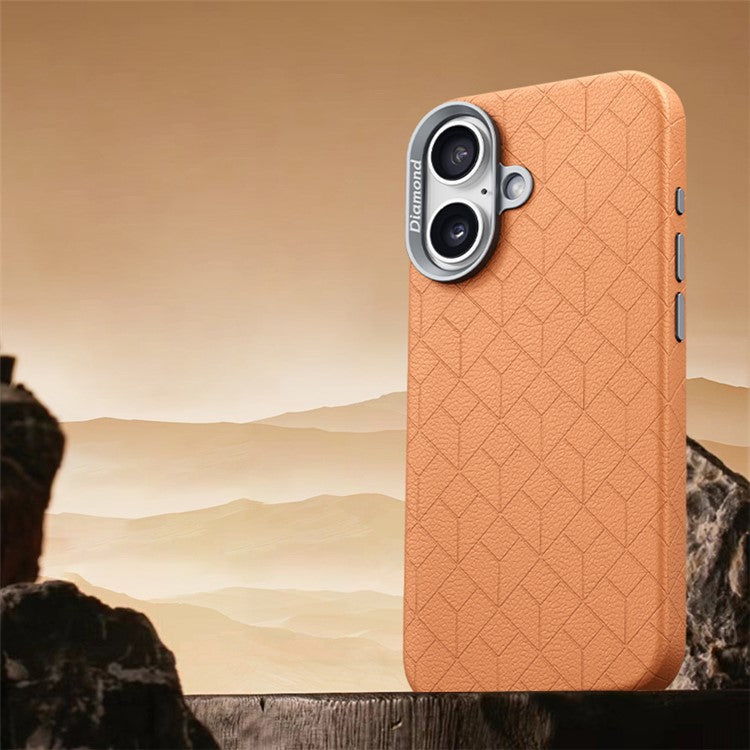 For iPhone 16 Plus Case Compatible with MagSafe Metal Lens Frame Y Pattern PC+PU Phone Cover - Brown