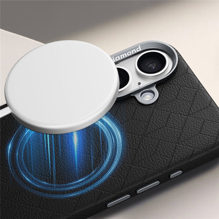 For iPhone 16 Plus Case Compatible with MagSafe Metal Lens Frame Y Pattern PC+PU Phone Cover - Brown