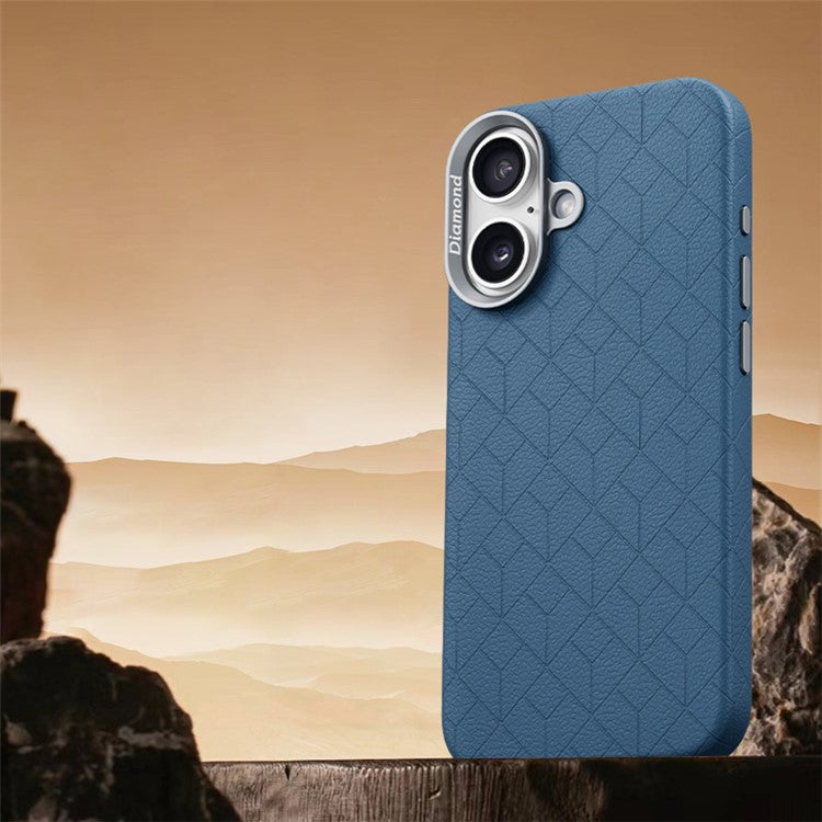 For iPhone 16 Plus Case Compatible with MagSafe Metal Lens Frame Y Pattern PC+PU Phone Cover - Dark Blue