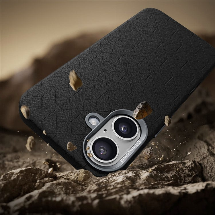 For iPhone 16 Plus Case Compatible with MagSafe Metal Lens Frame Y Pattern PC+PU Phone Cover - Dark Blue