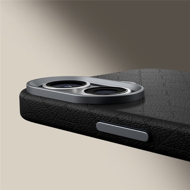 For iPhone 16 Plus Case Compatible with MagSafe Metal Lens Frame Y Pattern PC+PU Phone Cover - Dark Blue